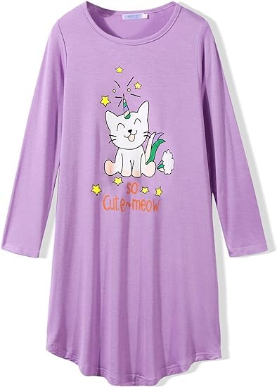 Arshiner Meisjesnachthemd met lange mouwen, kindernachtjurk met schattige prints, pyjama, jurk, nachtjurk voor meisjes van 4-12 jaar, roze, 11-12 Jaar