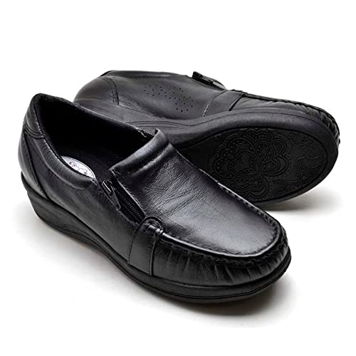 Sapato Feminino Ortopédico Sapatenis Mocassim de Couro Legitimo com Ziper Anti Stress Calce Facil Ma