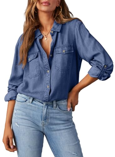 Astylish Womens Denim Button Up Shirts Blouse V Neck Lightweight