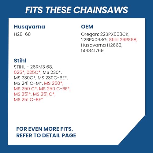 Image of 18 Inch Chainsaw Chain, .325 inch Pitch .063 inch Gauge 68 Drive Links, Germany Steel Anti-Kickback Replacement for Stihl MS250, MS251, MS230, 025, 3-Pack
