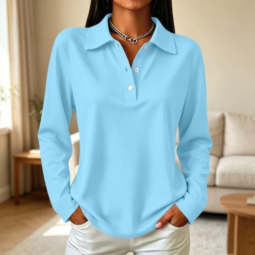 Women's Polo Shirts Vintage Plain Collared Work Cute Long Sleeve Tops, Blue — view 4