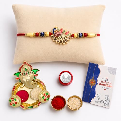 Image of Oblivion Rakhi Set for Brother - Fancy Peacock Rakhi for Brother with Ganesh Ji Pooja Thali, Pooja Coin, Roli Chawal & Card | Combo for Raksha Bandhan