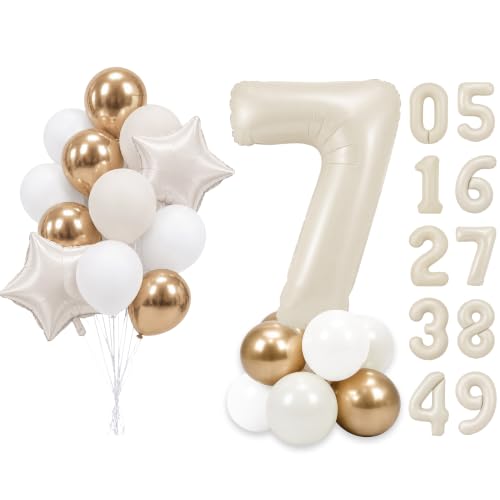 Image of PartyWoo Beige Number 7 Balloon 40 Inch 25pcs White Sand Foil Star Gold