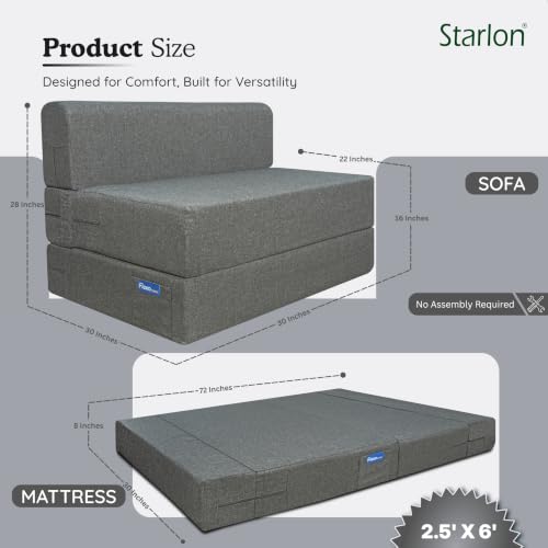 Image of Starlon 1 Seater Foldable Sofa Cum Bed 3-in-1 with 1 Geometrical Pattern Pillow, Washable Jute Fabric Cover, Space Saving Guest Bed, Pre-Assembled Ash Gray 2.5x6 Ft