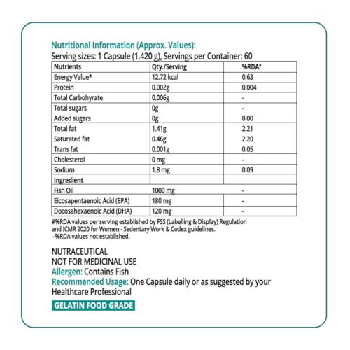 Image of PharmEasy Omega 3 Fish Oil 1000mg Softgel Capsules with 180mg EPA & 120mg DHA for Men & Women, Supports Heart, Brain, Eye & Joint Health, Pack of 60