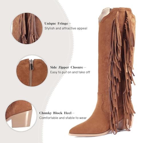 Image of KiutSymo Cowgirl Fringe Boots For Women White Tassels Cowboy Boots Knee High Pointed Toe Western Boots