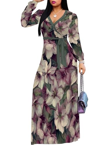 Image of SUZONANA Plus Size Dresses for Women Floral Print Maxi Dress Flowy 3 /4 Sleeve with Belt