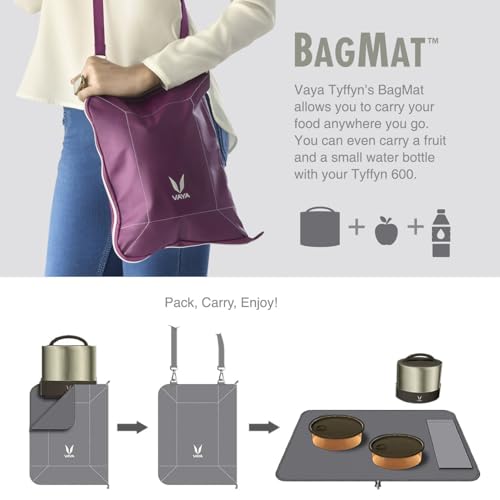 Image of VAYA Office Lunch Combo - TYFFYN Jumbo 1300ml Vacuum Insulated Lunch Box with 4 Stainless Steel Containers with Bagmat Lunch Bag with Sling, Leakproof, Hot Food Retention, Purple