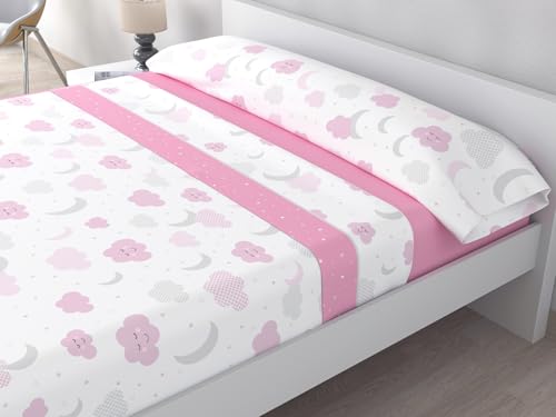 HM'S HOME'SECRET Juego de Sábanas de 100% Microfibra, 3 Piezas, Varios Modelos y Tamaños. (Cama 90cm, Nubes Rosa)