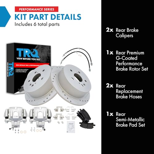Image of TRQ Performance Rear Brake Pad and Rotor Set Semi Metallic Slotted Drilled Coated Rotors Calipers Compatible with 2004-2007 Toyota Highlander with All Wheel Drive