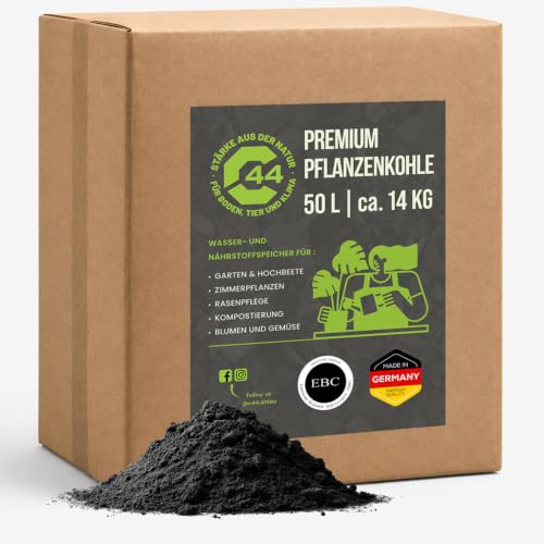 C44-50L Premium Pflanzenkohle - EBC-zertifiziertes Biochar für Garten Rasen & Hochbeet - Basis für Terra Preta - Hochporöser Bodenverbesserer & Nährstoffspeicher