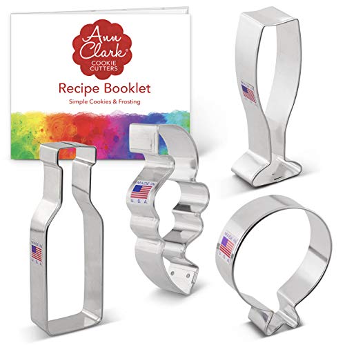 Ann Clark Cookie Cutters 4-Piece New Year's Celebration Cookie Cutter Set with Recipe Booklet, Balloon, Confetti, Champagne Glass and Champagne