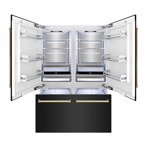 ZLINE RBIVZ-BS-60-G Autograph Edition 60 Inch 32.2 Cubic Feet French Door Built-In Bottom Freezer Refrigerator with Water Dispensers/Ice Makers in Black Stainless Steel and Polished Gold Accents