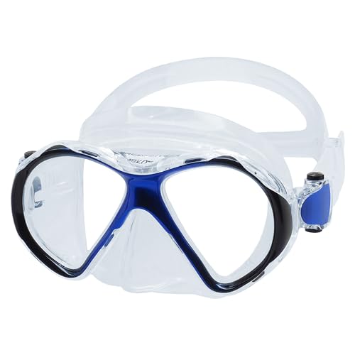 SAEKODIVE Jadeye Diving Mask - Anti-Fog Tempered Glass, Anti-Leak Silicone Skirt - Scuba Diving and Snorkeling Gear for Adults (Clear/Metallic Blue)