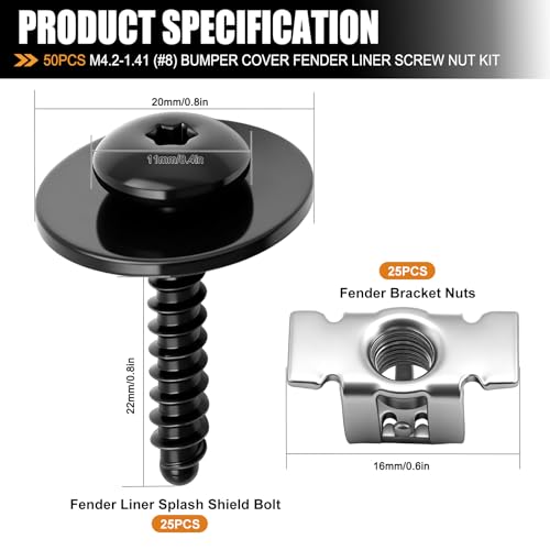 Image of mankk 50PCS M4.2-1.41 (#8) Fender Liner Splash Shield Bolt Screw and Clips GM Fender Liner Screws 11548270 11609952