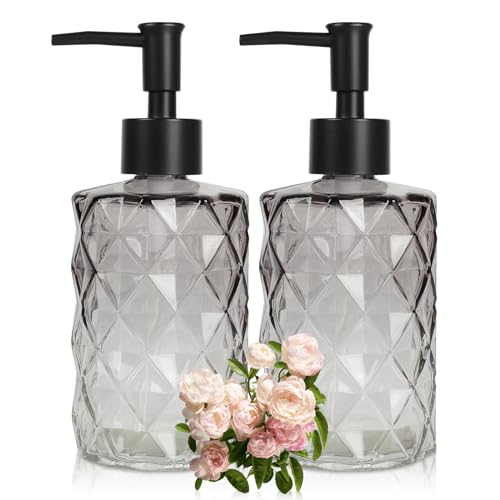 Ulable Dispensador de jabón de Vidrio con Bomba de plástico, Paquete de 2 dispensadores de jabón Negro con diseño de Diamante Degradado de 12 onzas, dispensador de jabón de baño para lavavajillas