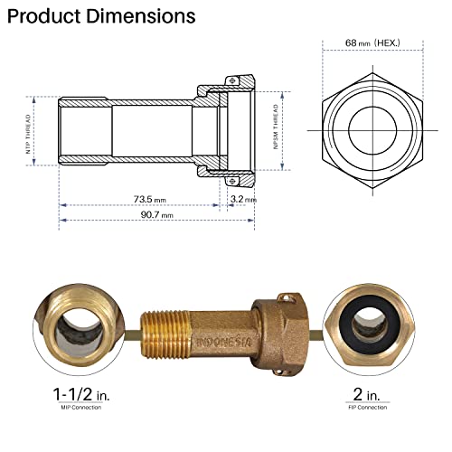 Image of Midline Valve XND1520-OM Brass Water Meter Coupling Adapter Pipe Fitting; with Nut and Gasket; 1-1 /2'' MIP x 2'' FIP