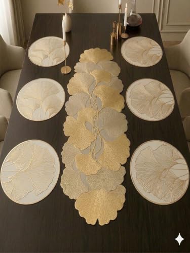 Image of Dakshya Industries PVC Waterproof Round Table Placemats & Table Runner Combo | 6 Round Mats (38 x 38 cm) + 1 Runner (91 x 33 cm) | Heat Resistant, Washable, Non Slip (Crestova)