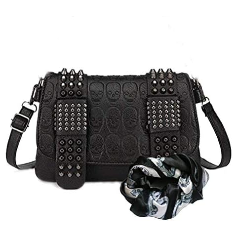 Women Skull Print Gothic Crossbodybag - Vintage Pu Punk Black Bag with Scarf A2 Cover