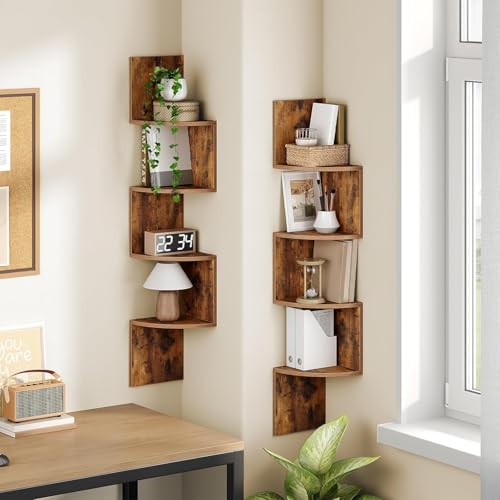 Image of Wooden Corner Shelf Wall-Mounted, Set of 2 Floating Corner Shelves for Wall, 4-Tier Corner Bookshelves for Living Room, Bedroom, Bathroom, Home Office (Brown Finish)