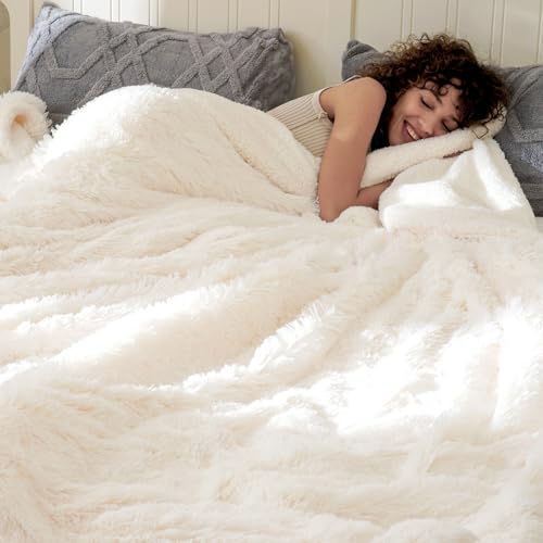 PHF Luxuriöse, flauschige Kunstfell-Decke, warm, dick, flauschig, Überwurf für Couch, Bett, Stuhl, Sofa, cremefarben, 228,6 x 228,6 cm