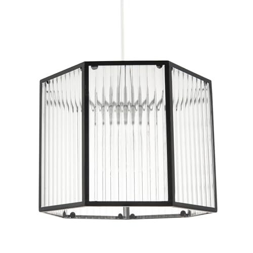 Image of Vintage Industrial Metal Lantern Pendant Lighting Shade in Matte Black with Clear Ribbed Glass Panels | 26cm x 21cm by Happy Homewares