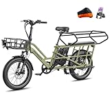 Fafrees Longtail E-Bike 20 * 3.0 Zoll, E-Lastenrad 250W 25km/h, ebike Damen 12Ah*2 Akku, E-Fahrrad 75N.m Reichweite 100-140km, Tragkraft 200kg (Vorderkorb + Kindersitz, Grün)