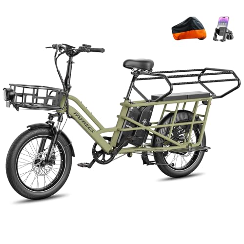 Fafrees Longtail E-Bike 20 * 3.0 Zoll, E-Lastenrad 250W 25km/h, ebike Damen 12Ah*2 Akku, E-Fahrrad 75N.m Reichweite 100-140km, Tragkraft 200kg (Vorderkorb + Kindersitz, Grün)