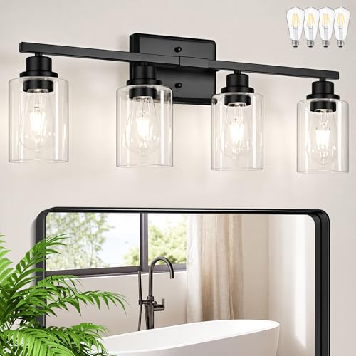 Image of Unicozin Modern Black Bathroom Light Fixtures, 4-Light Vanity Lights Over Mirror with E26 LED Bulbs Included, Wall Sconce with Clear Glass Shades for Living Room Bedroom Hallway Kitchen