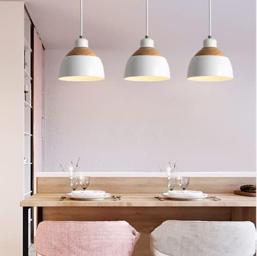 MeiXing Lampe Hanglamp, vintage, hout, metaal, wit, industrieel, E27-fitting, 3-vlam, hanglamp, in hoogte verstelbaar, eettafellamp voor eetkamer, keuken, café, toonbank, interieur, plafondverlichting photo 3