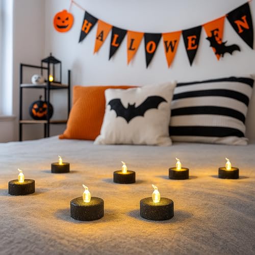Image of 12PCS Black Tea Lights with Timer,Glitter Sparkly Tealights Candles Warm White Flickering Battery Operated for Gothic Wedding, Valentine's Day Home Decorations