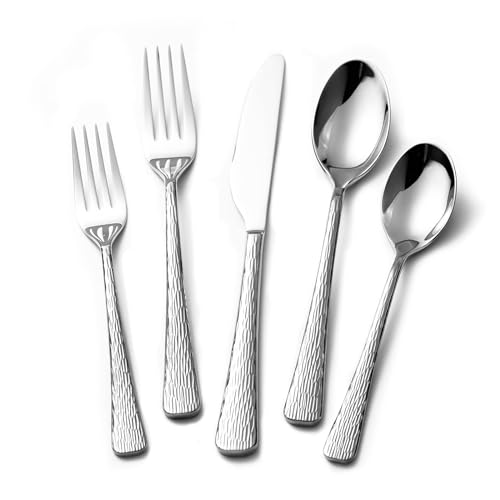 KINGSTONE Hammered Silverware Set, 40-Piece Flatware Set for 8, 18/10 Stainless Steel Premium Cutlery with Unique Ripple Handles Design Mirror Polished – Dishwasher Safe