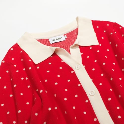 Women's Knit Polo Shirts Short Sleeve, 1960s Mod Style Retro Beige Dots Casual Tops Cardigan with Button, Red3