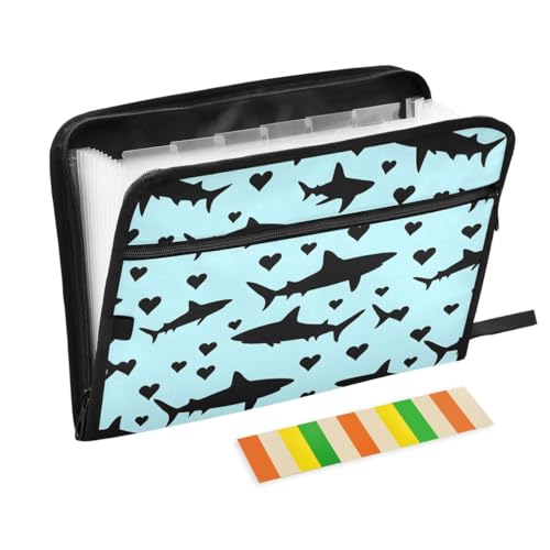 ALAZA White Shark Love Heart Blue Expandable Filing Folder Storage Organiser Box Files, 13 Pockets Zip Filing Folders for Home or Office Documents
