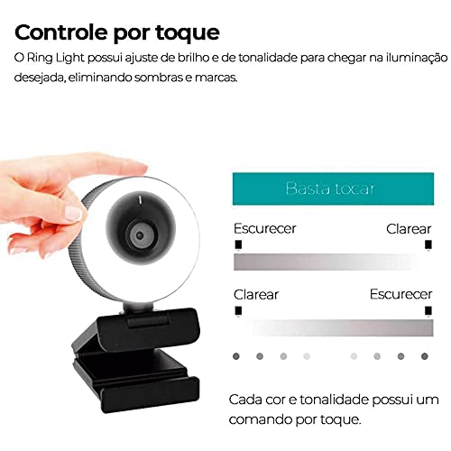 Webcam WB PRO Com Luz Ring Light 60 FPS Full HD 1080p 3 Temperaturas Tampa de Privacidade Magnética