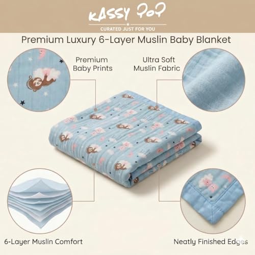 Image of Kassy Pop Printed 6 Layer Bamboo Muslin Blanket Cum Swaddling Towel for Baby, Toddlers | 70% Bamboo, 30% Cotton | AC Quilt, Multi-Purpose Blanket | 110cm x 110cm, Multicolor Print