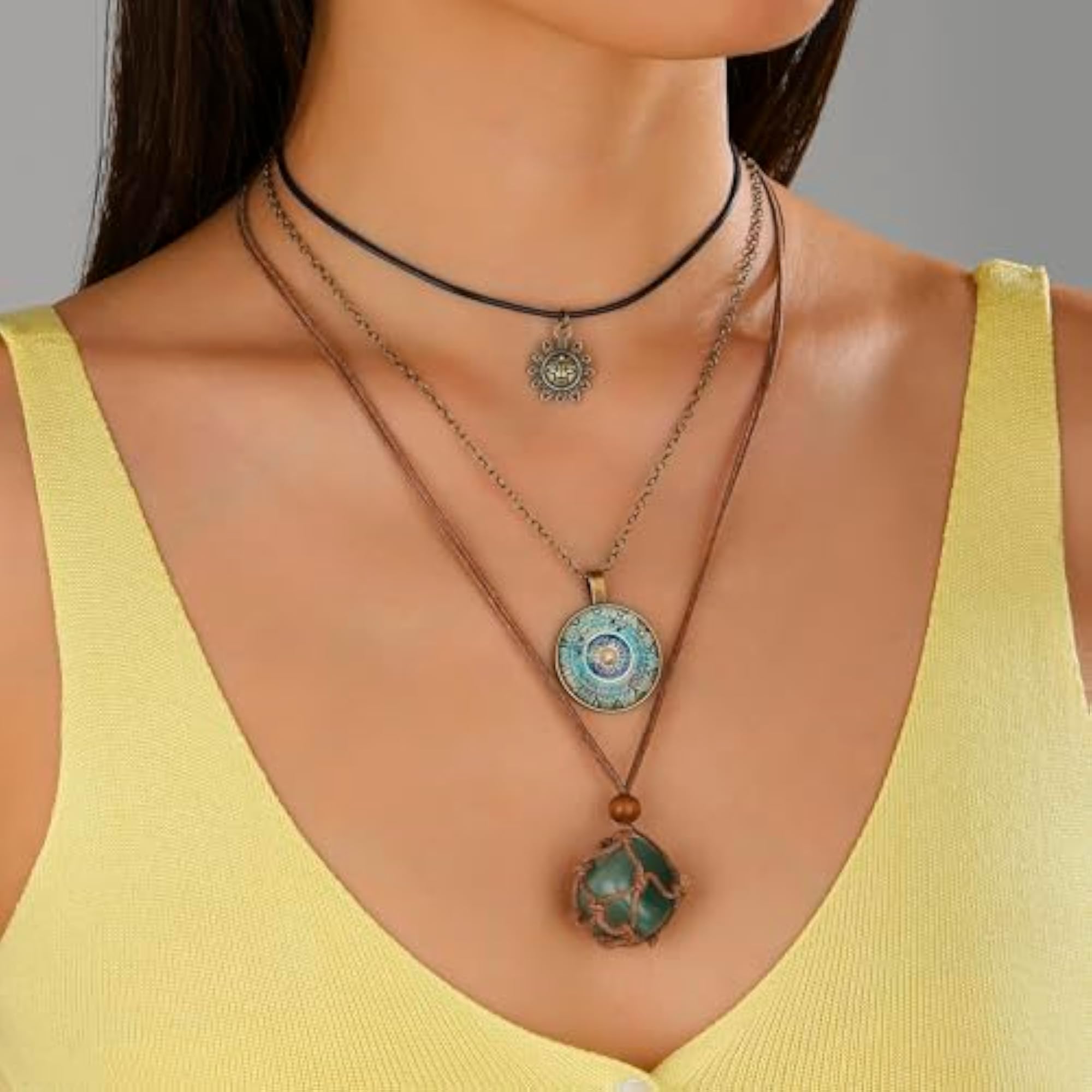 Women's Vintage Green Stone Boho Layered Necklace