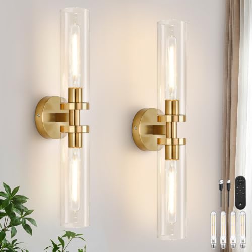 Image of Battery Operated Wall Sconces Set of Two, Brushed Gold Wall Light fixtures with Wireless Remote Control,Rechargeable Dimmable Wall Sconces with 3000K Bulbs for Bathroom Mirror Living Room Bedroom