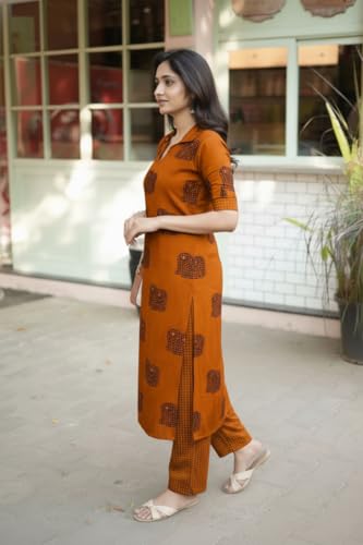 Image of ANNI Designer Women's Rayon Viscose Printed Kurta Pant Set | Collar Neck Straight Ethnic Suit for Casual, Daily, and Office Wear