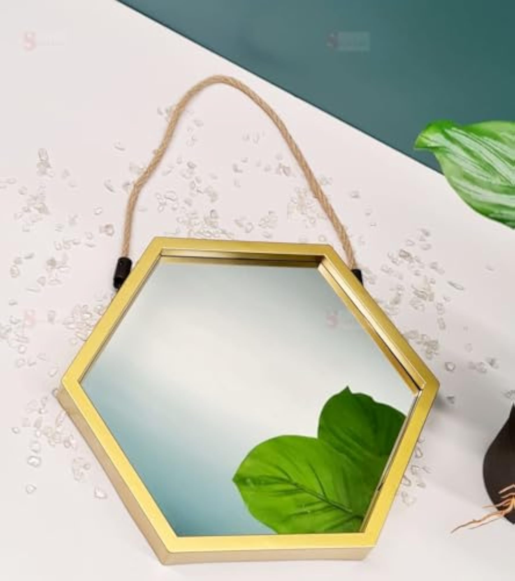 Hexagonal Wall Mirror Frame with Jute Handle for Home Decor