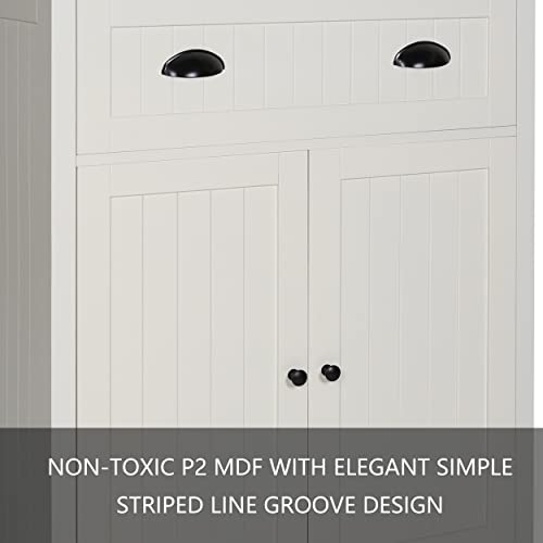 VEIKOU Kitchen Pantry Cabinets, 72\" Freestanding Kitchen Pantry Storage Cabinet with Glass Doors & Adjustable Shelves, Traditional Tall Pantry Cabinet Cupboard with Large Drawer, Off-White