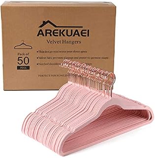 AREKUAEI Premium Blush Pink Velvet Hangers (Pack of 50) Heavyduty - Non Slip - Velvet Suit Hangers - Copper/Rose Gold Hooks,Space Saving Clothes Hangers