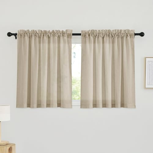 RYB HOME Linen Sheer Curtains 2 Panels for Living Room, Semi Transparent Privacy Drapes with Rod Pocket Farmhouse Style Window Treatments for Bedroom, Taupe, 52" W x 36" L