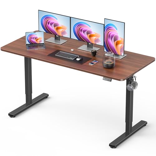 Standing Desk, Large Height Adjustable Electric Stand up Desk, 140x60cm Sit Stand Home Office Desk, with Splice Board, Black Frame/Walnut Top