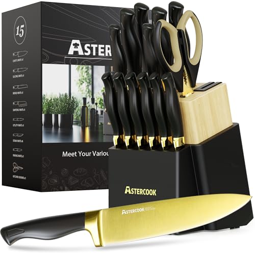 Astercook 15 Pieces Knife Set, Healthy Gold Titanium Coating Kitchen Knife Sets, Full Tang Knives Set with Block and Built-in Sharpener, German Stainless Steel Knife Block Set Dishwasher Saf