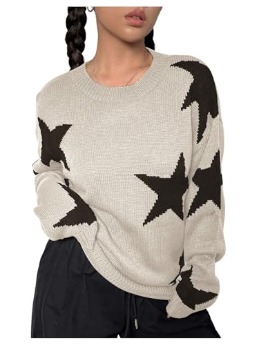 SOLY HUX Women's Y2k Graphic Baggy Sweater Star Print Long Sleeve Crewneck Knitted Pullover Tops