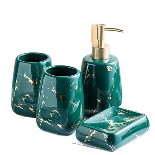 Juego de accesorios de baño con dispensador de jabón y vasos de cerámica verde resistente 2
