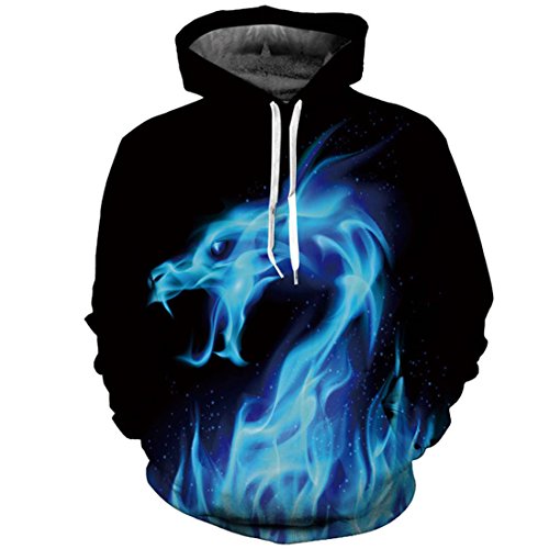 Men/Women 3D Sweatshirts Print Fire Dragon Hooded Hoodies Sweatshirts Pullovers Blue