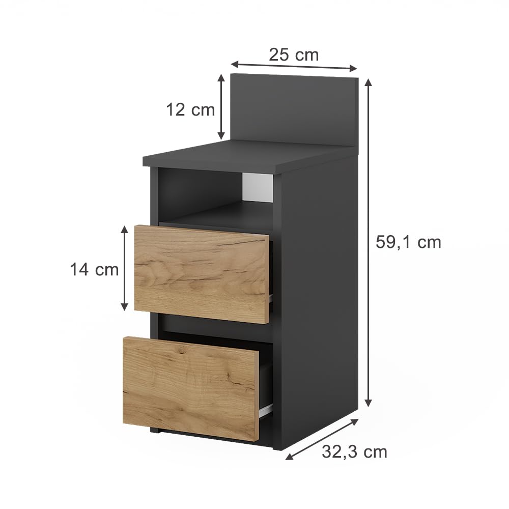 Vicco La cassettiera Monty, Antracite/Rovere dorato, 25 x 59.1 cm con 2 cassetti, adatto per il posizionamento flessibile accanto al letto o al divano