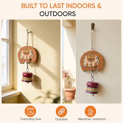 Image of Aakriti Art Creations Elephant Parade Wind Chime | Handmade Modern Art Wooden & Metal Wind Chime | Outdoor & Indoor Decorative Wind Chimes for Balcony, Garden, Living Room & Gifting